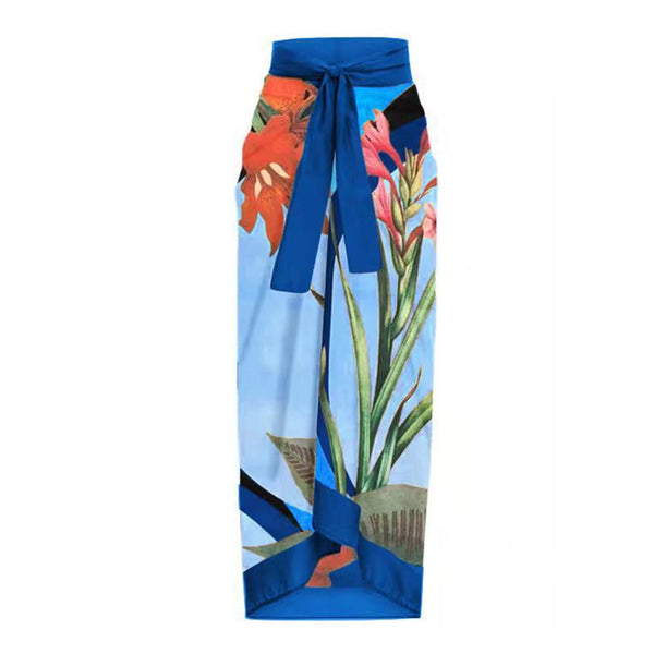 Printed Swimsuit & Beach Cover Up Sarong Set Blue