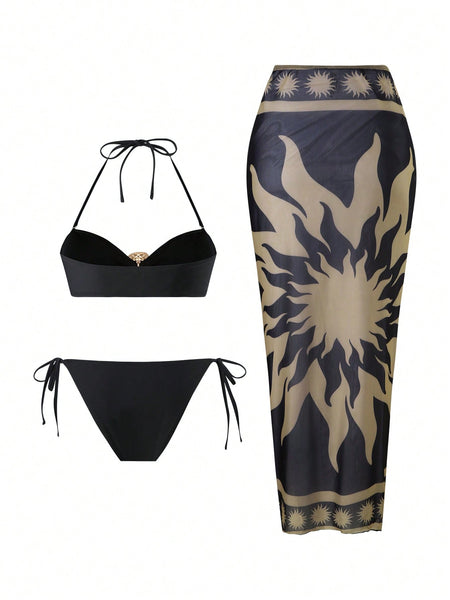 Black Abstract Halter Bikini Set With Beach Skirt