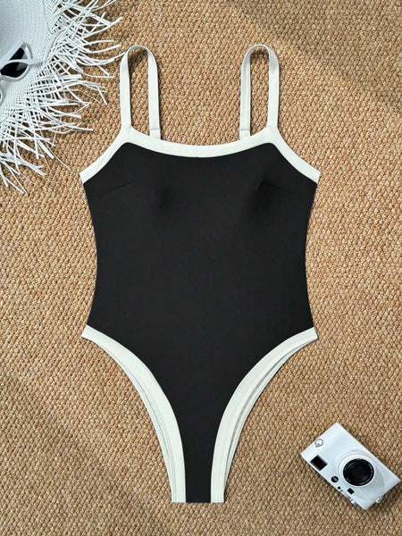 Black Solid Tummy Control Swimsuit