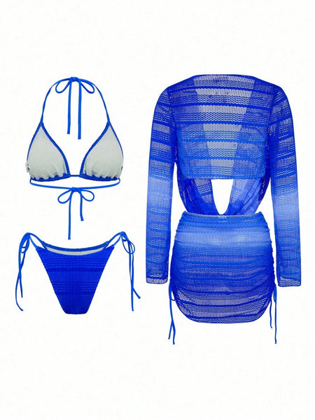 Blue Tie Dye Halter Bikini Set With Long Sleeve Cover Up & Beach Skirt