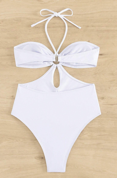 Monokini Solid Color Cut Out Design Halter Neck Swimsuit White