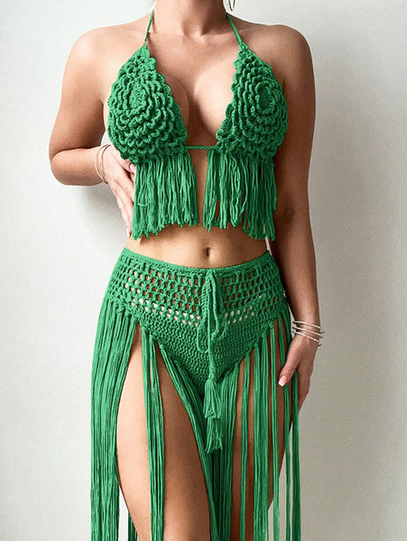 Green Solid Crochet Tassel Halter Top With High Waisted Skirt