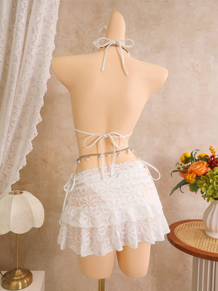 White Lace Texture Halter Bikini Set With Beach Skirt