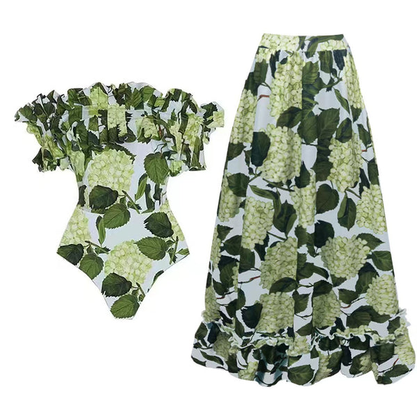 Green Tropical Off Shoulder One Piece Swimsuit With Beach Skirt