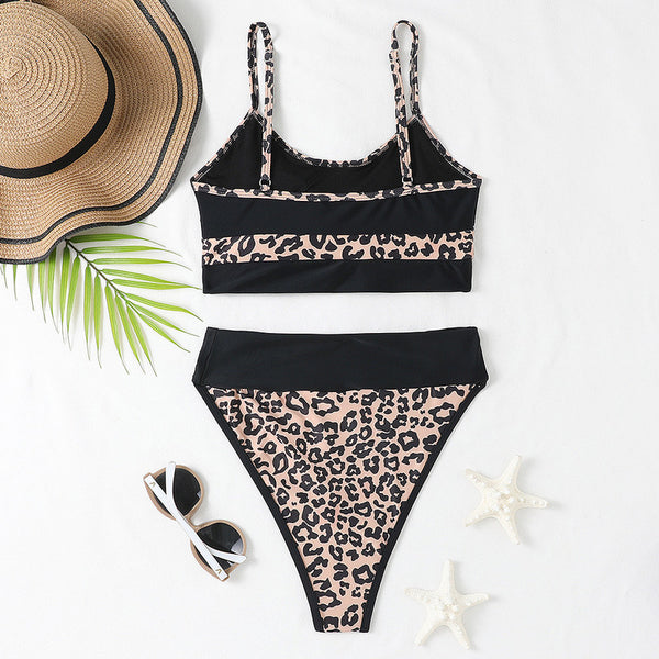 Solid Print High Waist Athletic Tank Style Two Piece Swimsuit Leopard