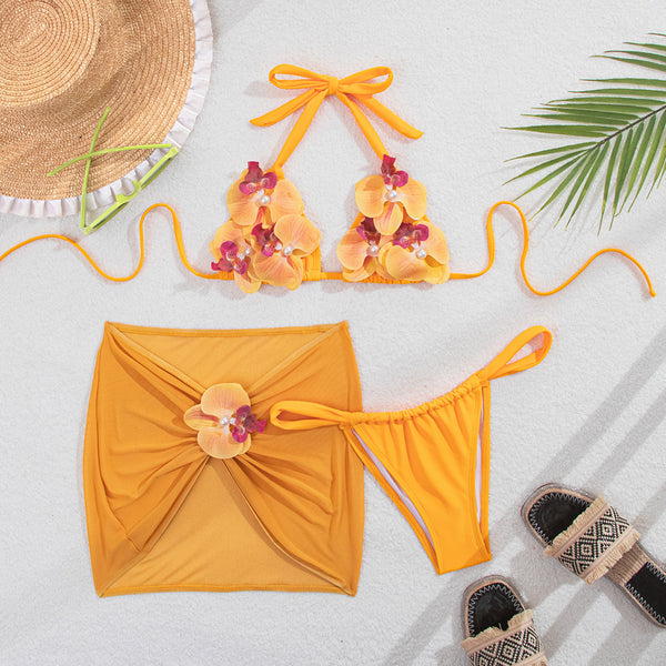 Yellow Floral Embellishment Halter Bikini Set With Beach Skirt