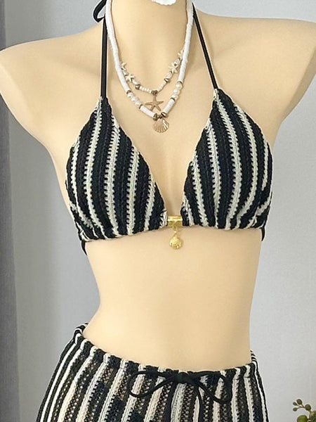 Black Stripes Halter Bikini Set With Beach Pants
