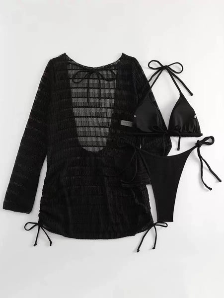 Drawstring Long Sleeve Hollow Out Backless Bikini Set Black