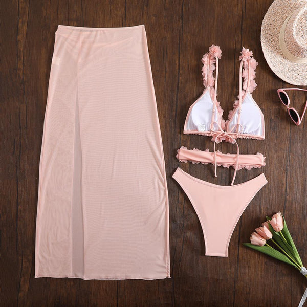 Solid Flower Décor Shoulder Straps Four Piece Bikini Swimsuit Pink