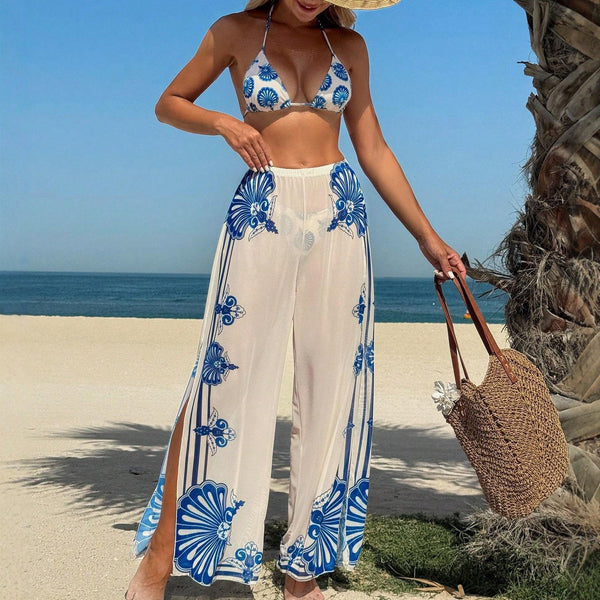 White Boho Triangle Bikini Set With Beach Pants