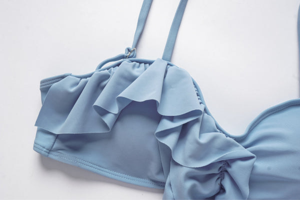 Solid Ruffle Shoulder Straps Two Piece High Waist Swimsuit Light Blue
