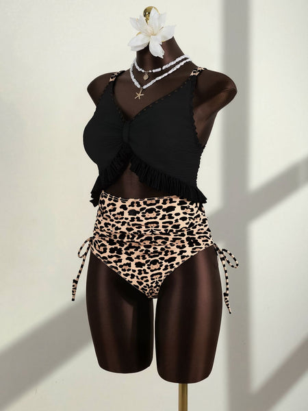 Black Animal Print Ruffle One Piece Swimsuit