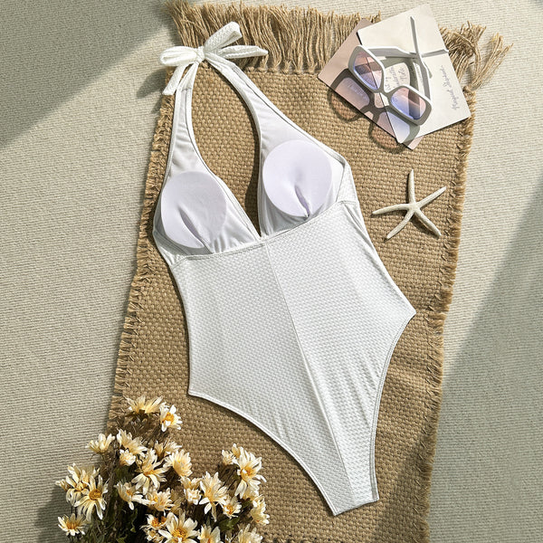 White Solid Halter One Piece Swimsuit