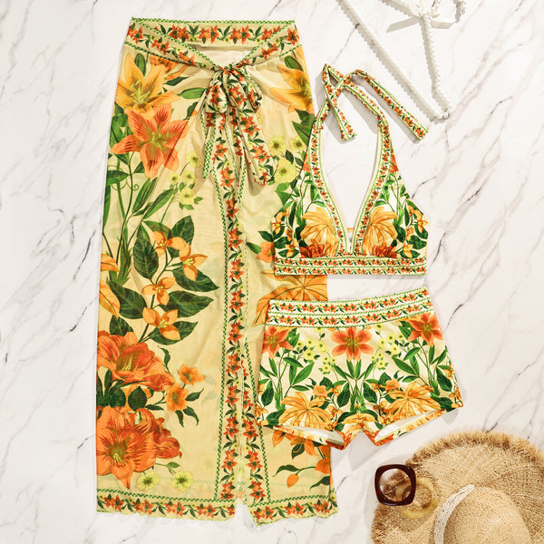 Cream Tropical Boyshort Bikini Set With Sarong
