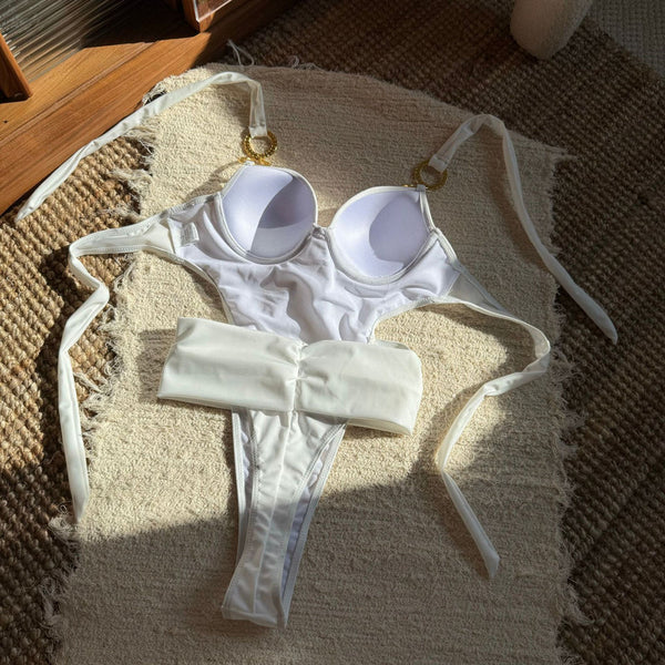 White Solid Halter One Piece Swimsuit