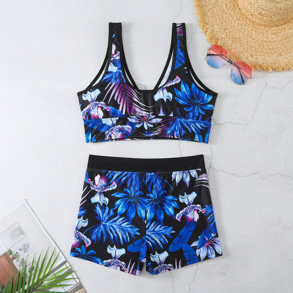 Tropical Plant Print Deep V Neck Two Pieces Set Tankini with Short Bottoms Blue