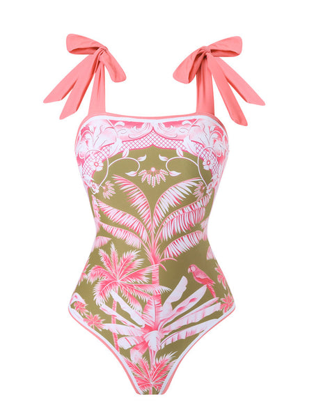 Tropical Print One-Piece Swimsuit Set with Skirt Pink