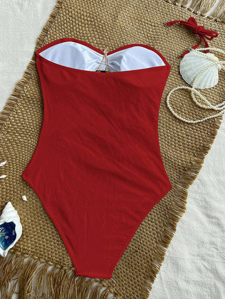 Red Solid Halter One Piece Swimsuit