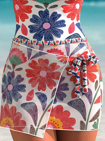 Multicolor Floral Ruched Swimsuit With Beach Skirt