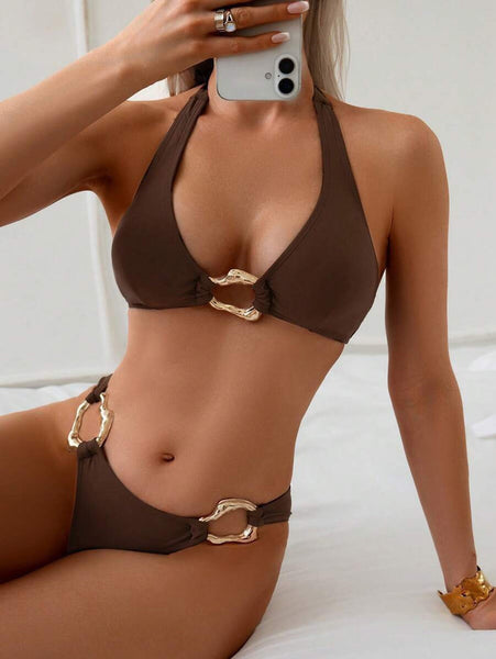 Brown Solid Halter Bikini Set With Sarong
