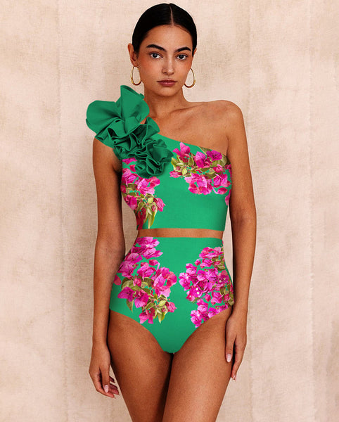 Flower Print One Shoulder Two Piece Swimsuit With Cover Up Green