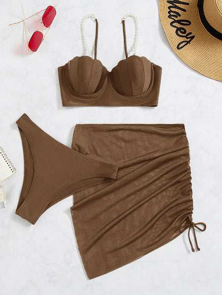 Beach Pearl Embellished Bikini Set Push Up Shell Bra & Bikini Bottom & Beach Skirt 3 Piece Bathing Suit Brown