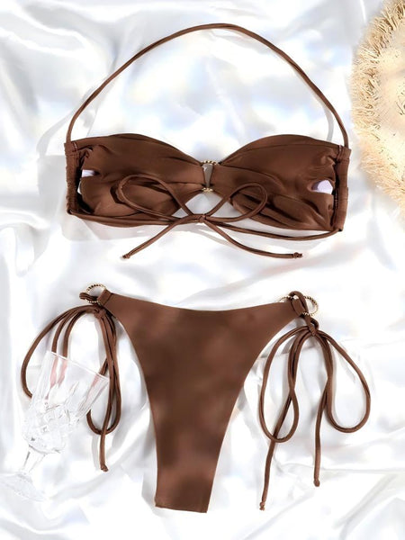 Brown Solid Tie Side Bikini Set
