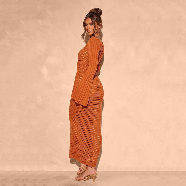 Brown Solid Hollow Crochet Knit Beach Dress