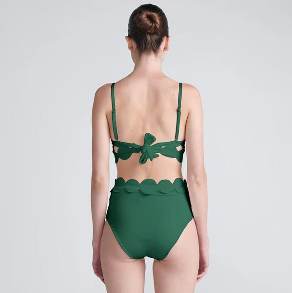 Green Solid High Waisted Bikini Set With Beach Skirt