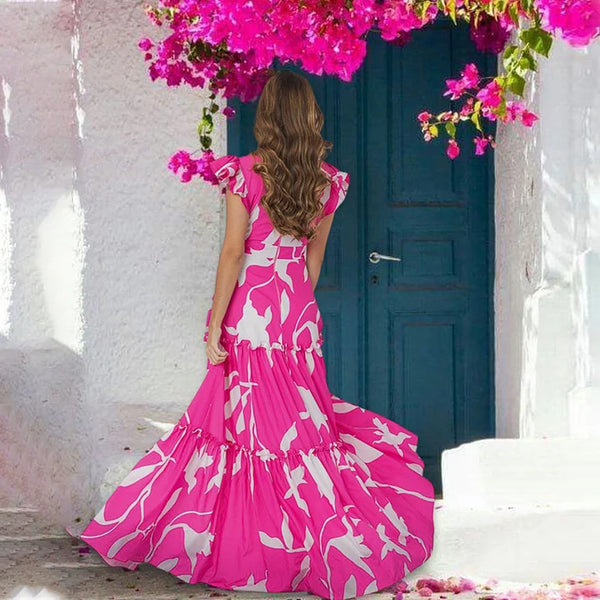 Pink Tropical Cut Out One Piece Swimsuit With Beach Skirt