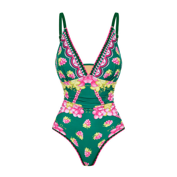 Green Fruit Print Deep V One-Piece Swimsuit With Beach Skirt