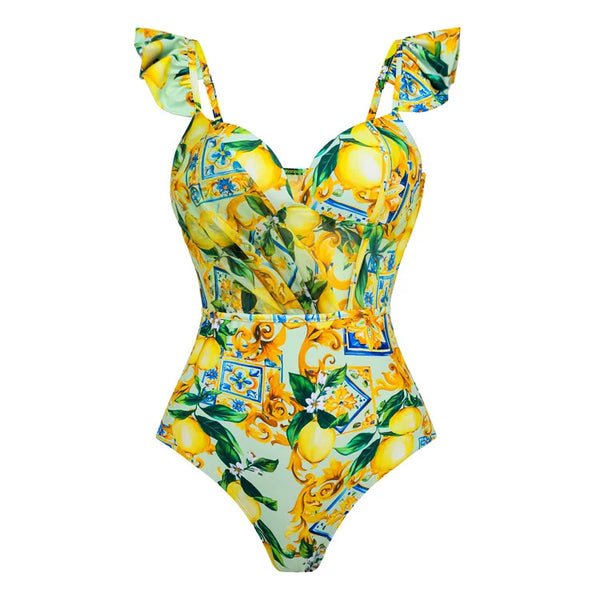 Yellow Fruit Print Underwire One Piece Swimsuit With Sarong
