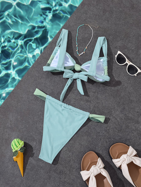 Multicolor Colorblock Thong Bikini Set