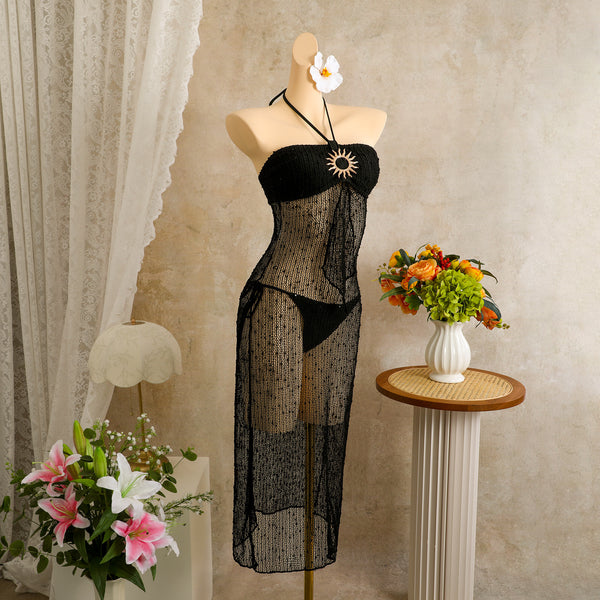 Black Solid Mesh Panel Bikini Set
