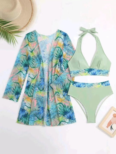 Swim Tropical Print Halter Bikini Swimsuit With Kimono Light Green