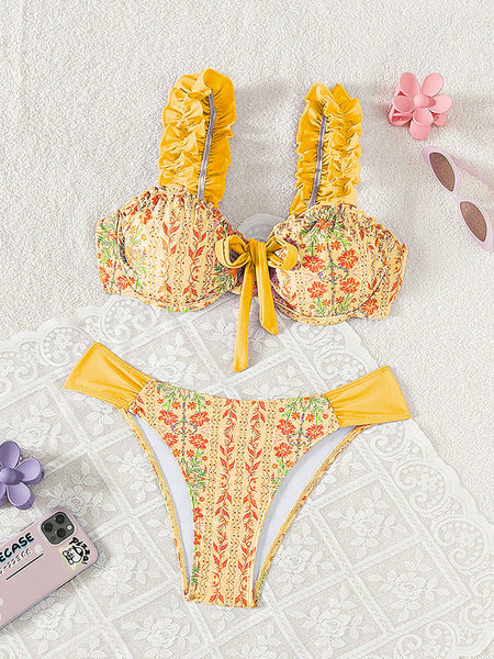 Yellow Floral Ruffle Bikini Set