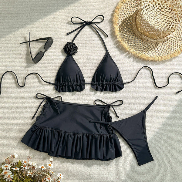 Black Solid Ruffle Bikini Set With Beach Skirt