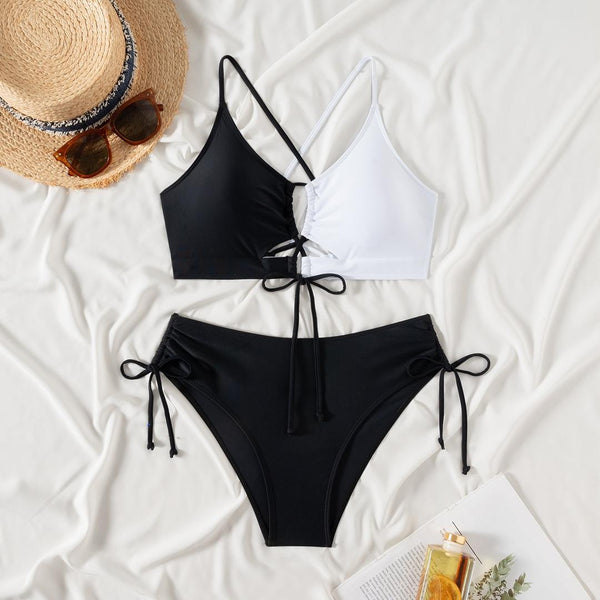 Black Colorblock Tie Front Bikini Set