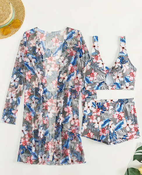 Tropical Floral Print Stretchy 3 Piece Set Bikini With Long Sleeve Kimono Grey