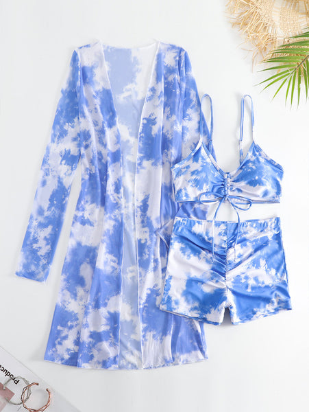 Plus 3pack Allover Print Drawstring Front Bikini Swimsuit Sky Blue