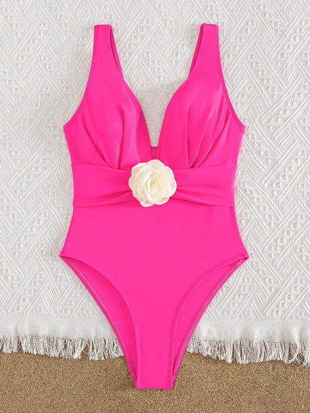 Shoulder Strap Flower Decor One Piece Swimwear Pink