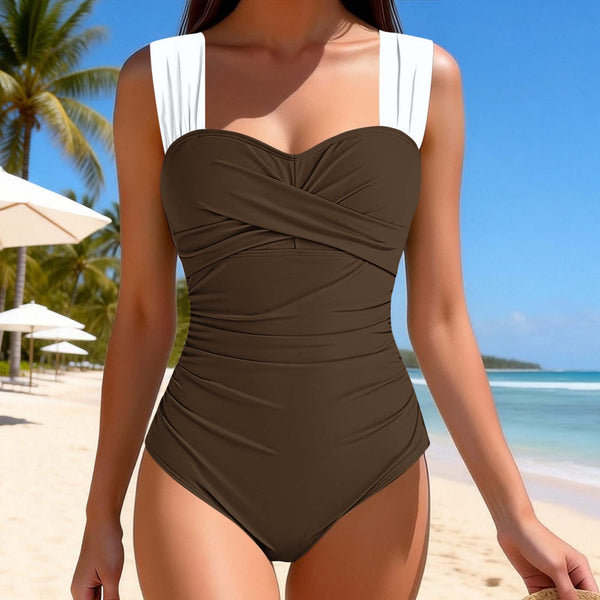 Brown Solid Criss Cross One Piece Swimsuit