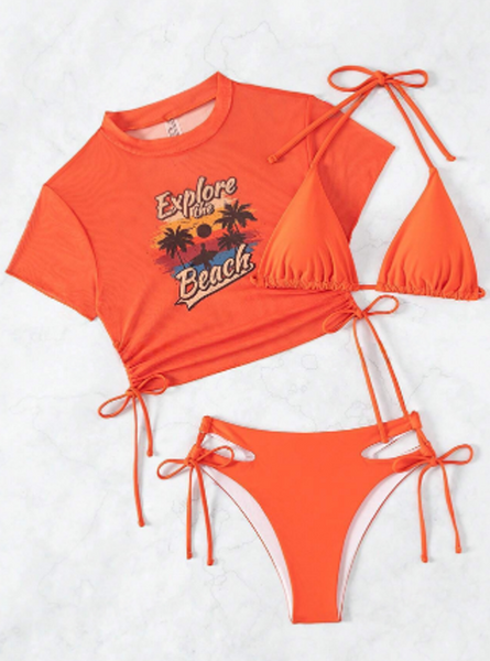 Swim Sunset Print Cami Three Piece Swimsuit Orange