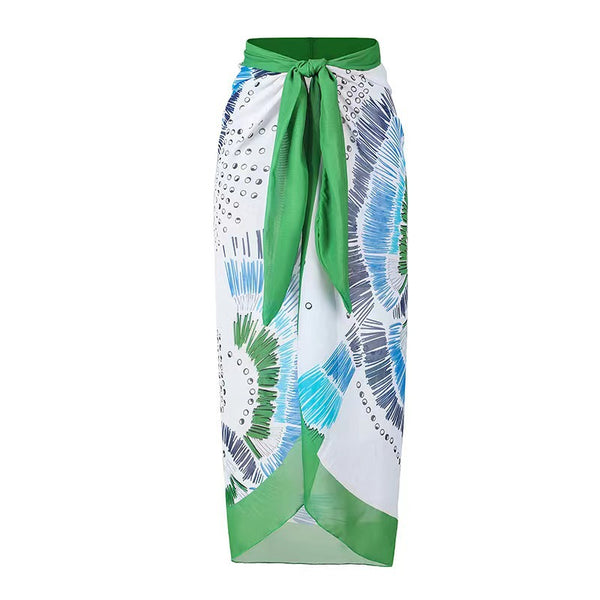 Green Bathing Suit with Bikini Maxi Wrap Skirts 2 Piece Swimsuit