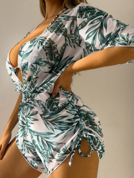 Leaf-print Waist Lace-up Three-Piece Bikini Set Long-sleeved Swimsuit White