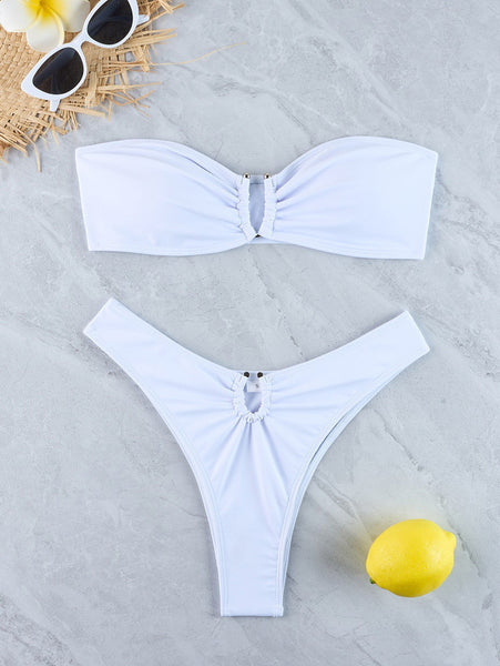 Solid Strapless Front Hook Two Piece Bikini White
