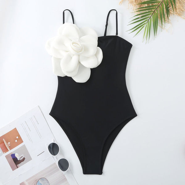 Solid Shoulder Strap Flower Décor One Piece Swimsuit with Skirt Black