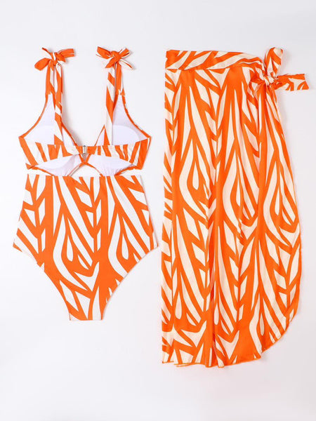 One Piece Cutout Deep V Plunge Covering Belly with Cover Up Orange