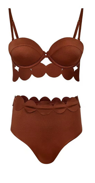 Brown Solid High Waisted Bikini Set With Beach Skirt