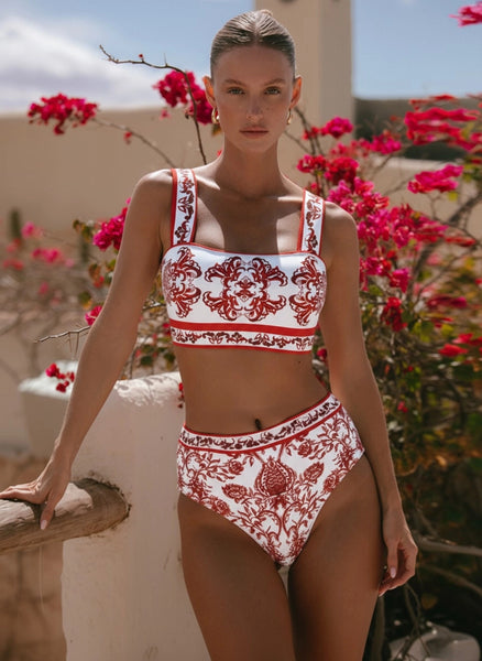 Red Majolica print High Waisted Bikini Set With Beach Skirt
